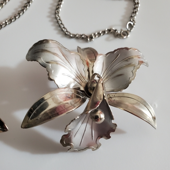 Coro Vintage 40's 50's orchid iris Parure set brooch earrings necklace silver - Picture 4 of 16